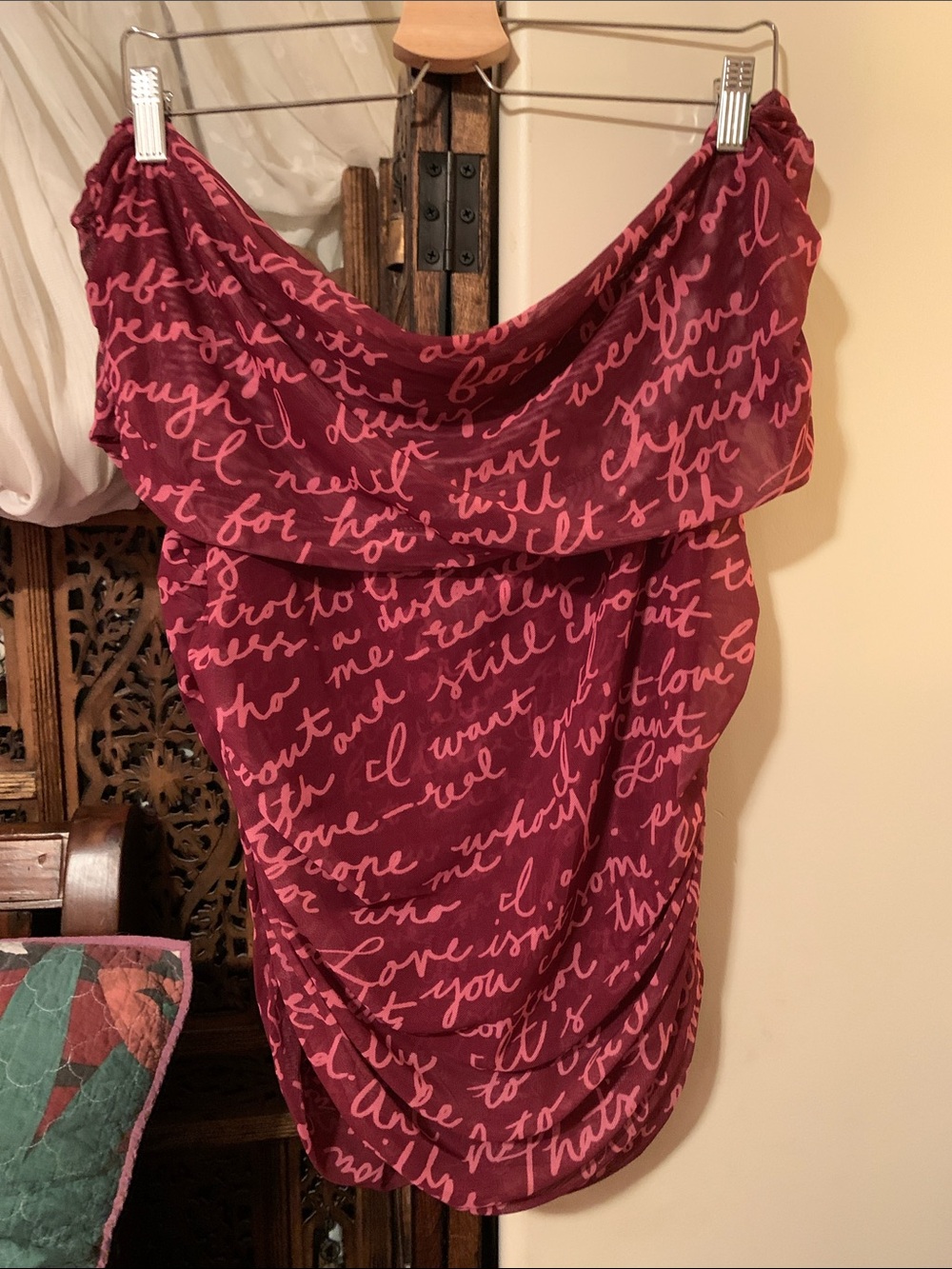 Maeve Burgundy and Light Pink Script off the shoulder Top
